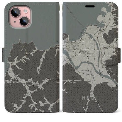 【萩2（山口県）】地図柄iPhoneケース（手帳タイプ）モノトーン・iPhone 15 Plus 用