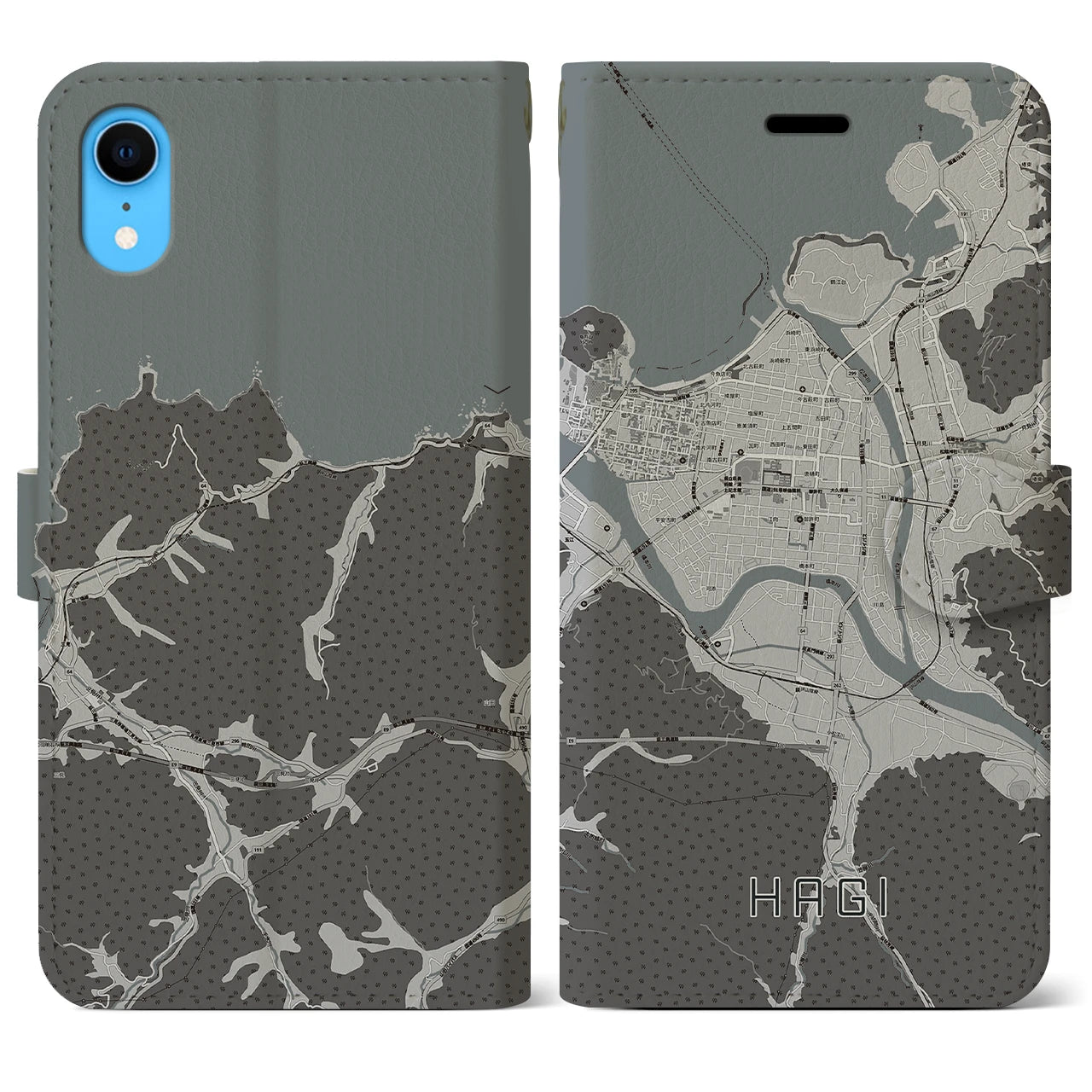 【萩2】地図柄iPhoneケース（手帳両面タイプ・モノトーン）iPhone XR 用