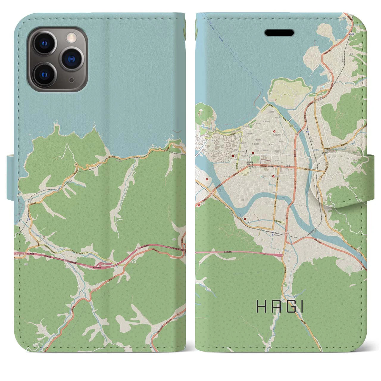 【萩2（山口県）】地図柄iPhoneケース（手帳タイプ）ナチュラル・iPhone 11 Pro Max 用