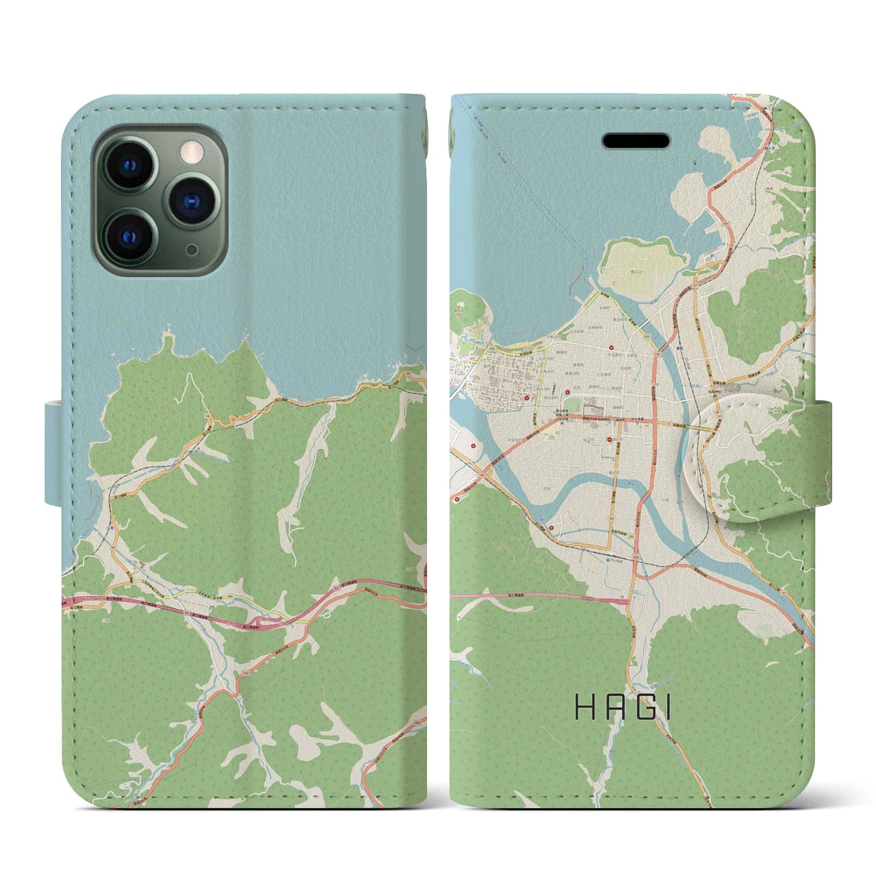 【萩2（山口県）】地図柄iPhoneケース（手帳タイプ）ナチュラル・iPhone 11 Pro 用