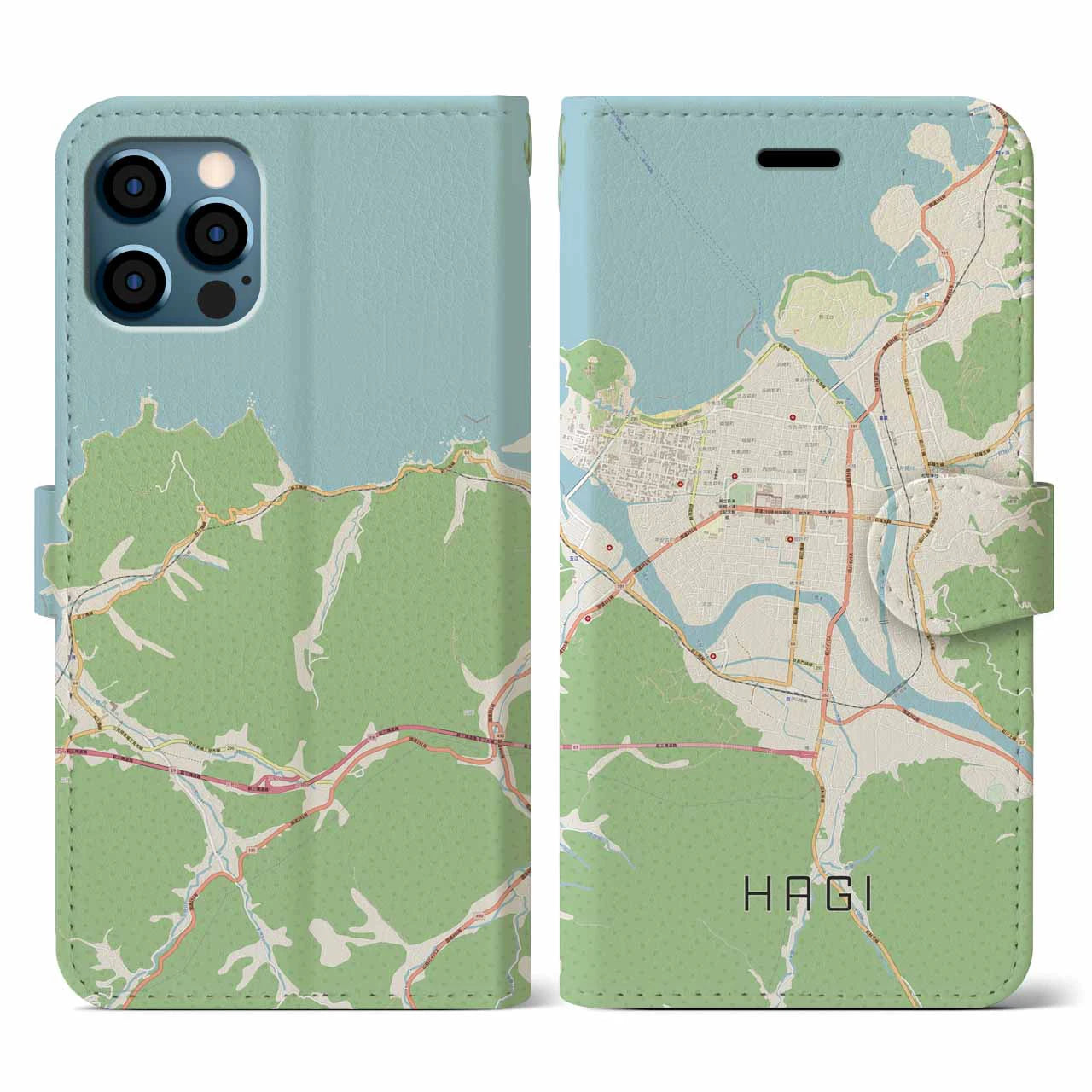 【萩2（山口県）】地図柄iPhoneケース（手帳タイプ）ナチュラル・iPhone 12 / 12 Pro 用