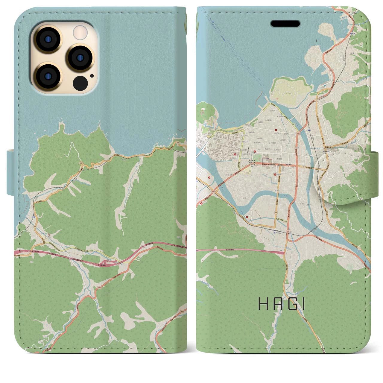 【萩2（山口県）】地図柄iPhoneケース（手帳タイプ）ナチュラル・iPhone 12 Pro Max 用