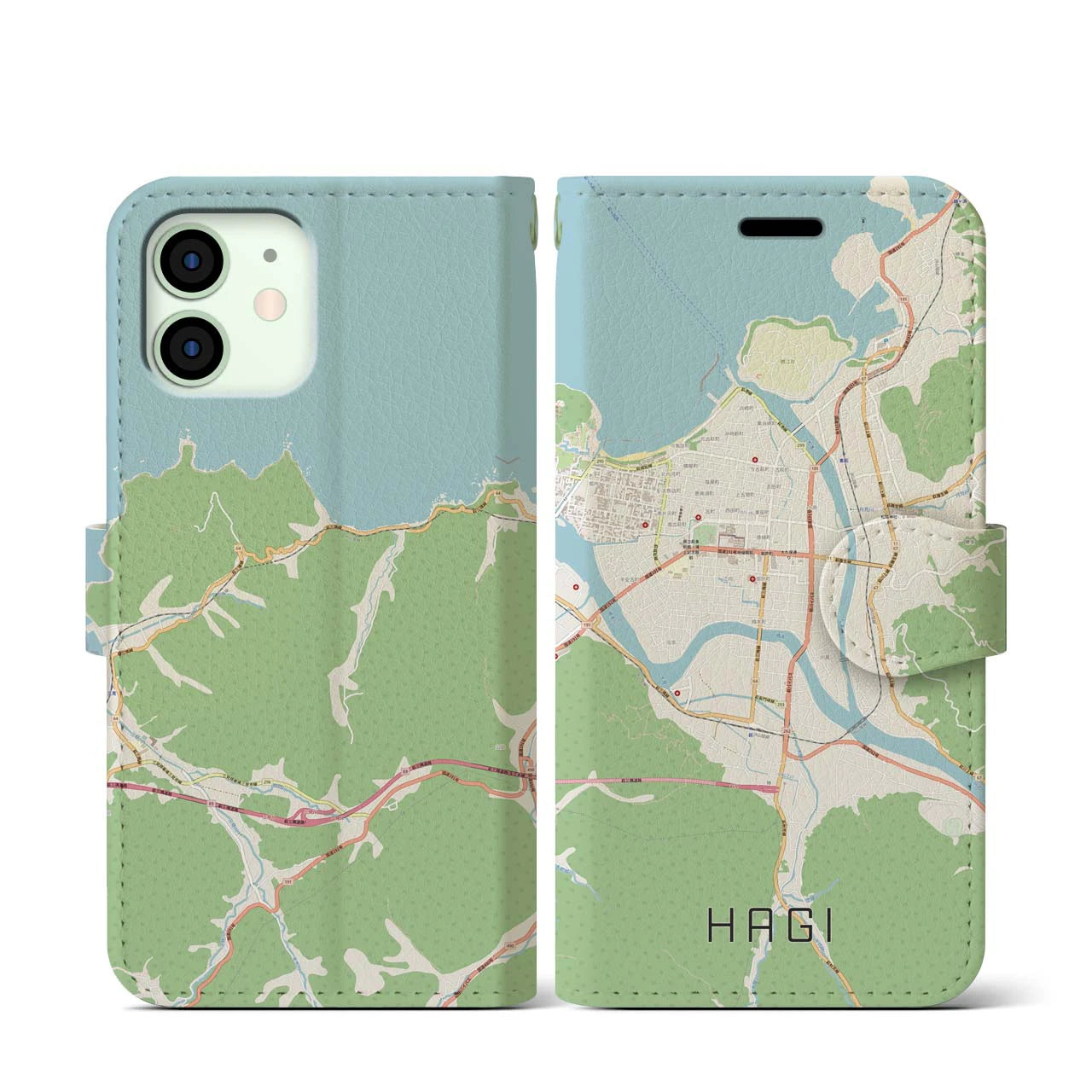 【萩2（山口県）】地図柄iPhoneケース（手帳タイプ）ナチュラル・iPhone 12 mini 用