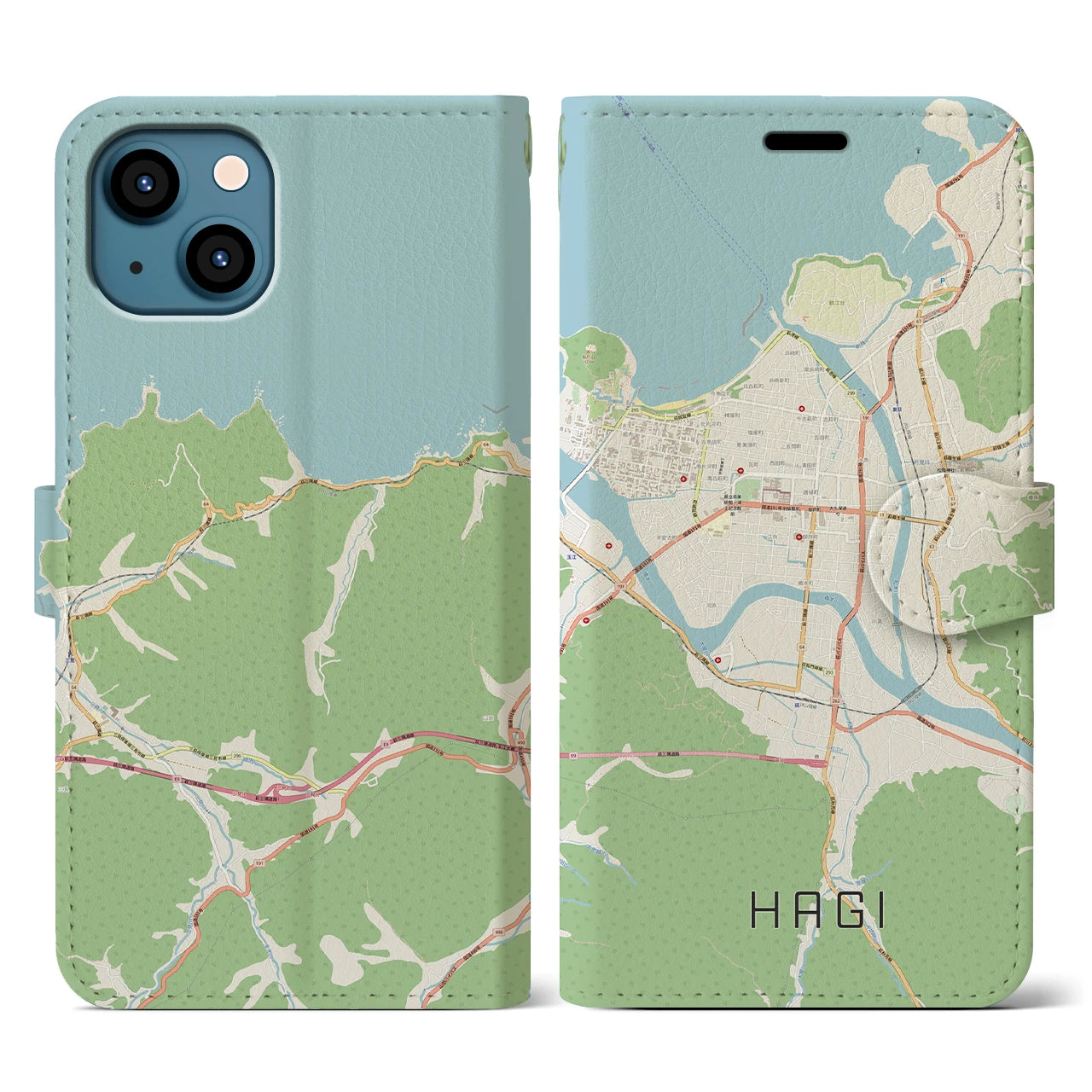 【萩2（山口県）】地図柄iPhoneケース（手帳タイプ）ナチュラル・iPhone 13 用