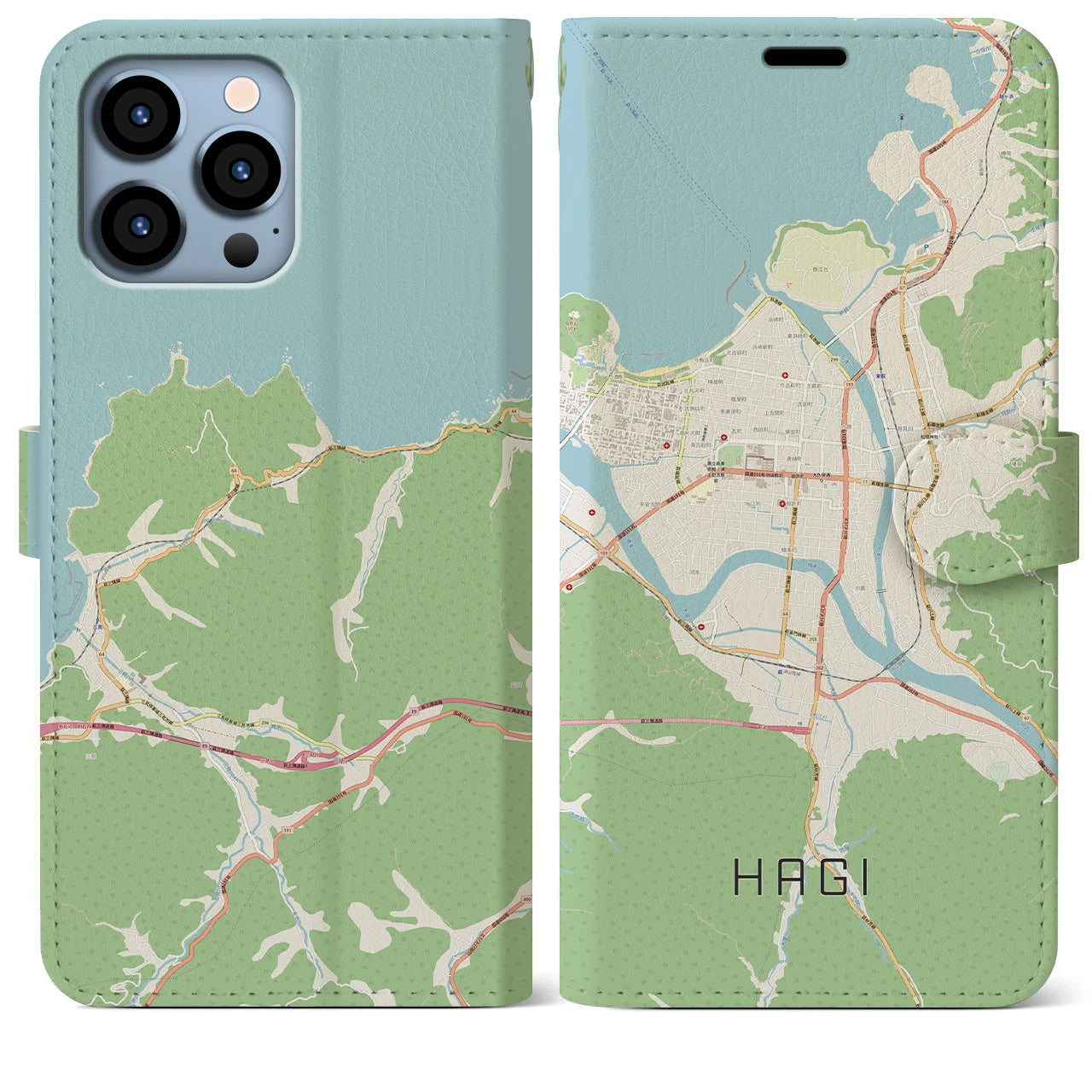 【萩2（山口県）】地図柄iPhoneケース（手帳タイプ）ナチュラル・iPhone 13 Pro Max 用