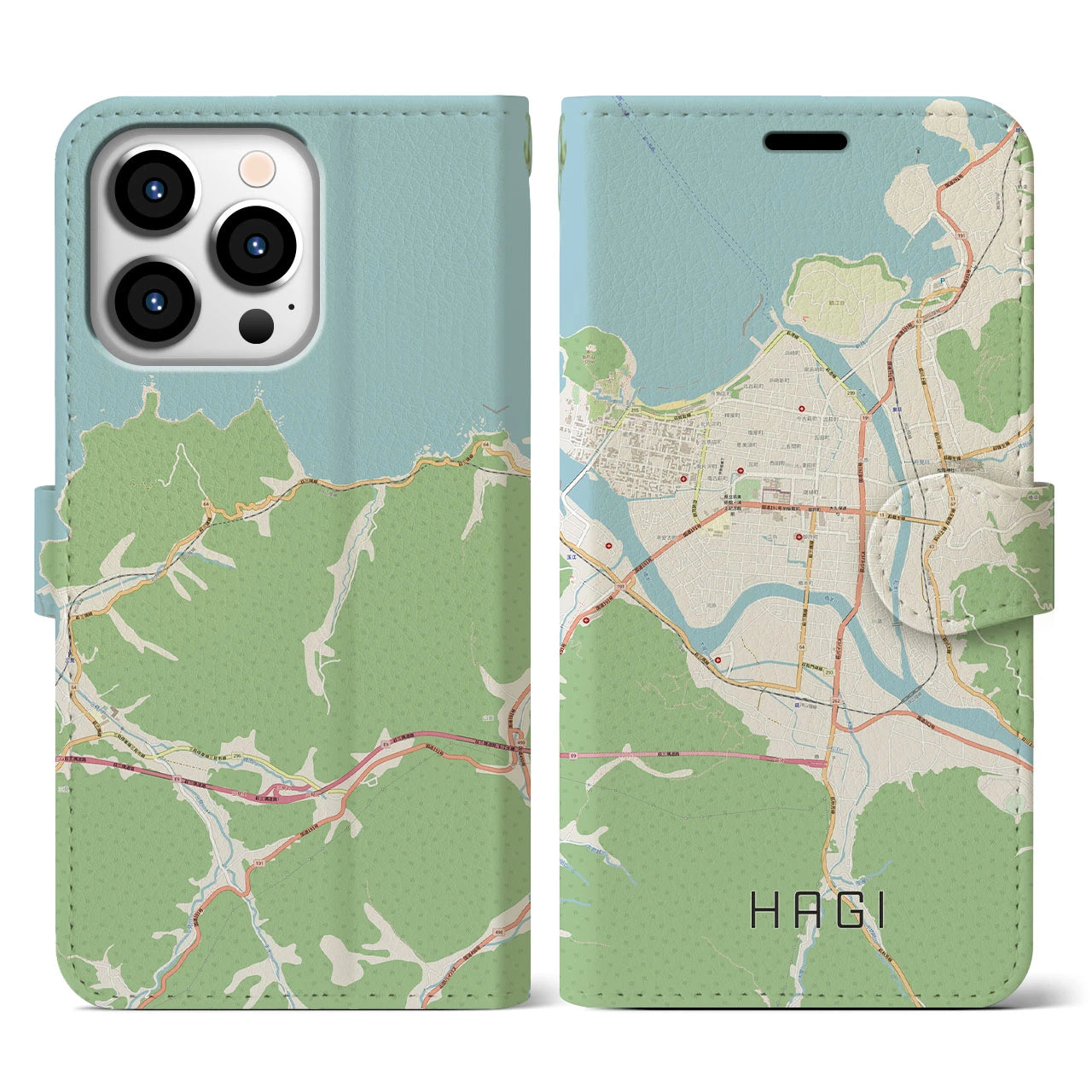 【萩2（山口県）】地図柄iPhoneケース（手帳タイプ）ナチュラル・iPhone 13 Pro 用