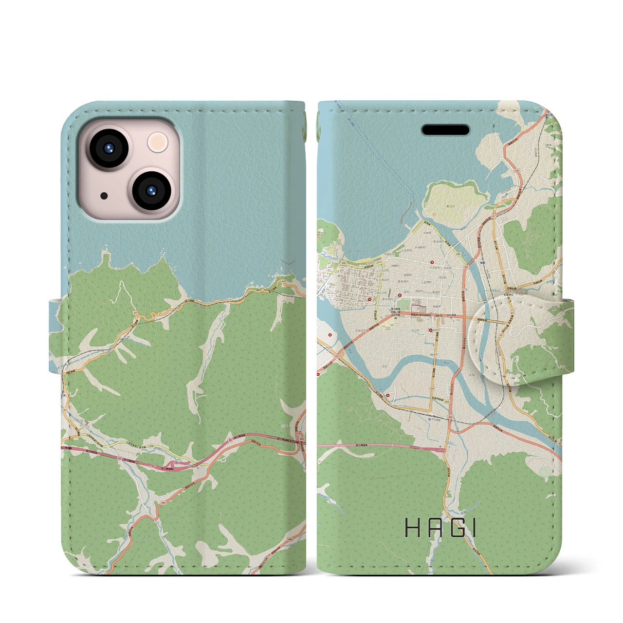 【萩2（山口県）】地図柄iPhoneケース（手帳タイプ）ナチュラル・iPhone 13 mini 用