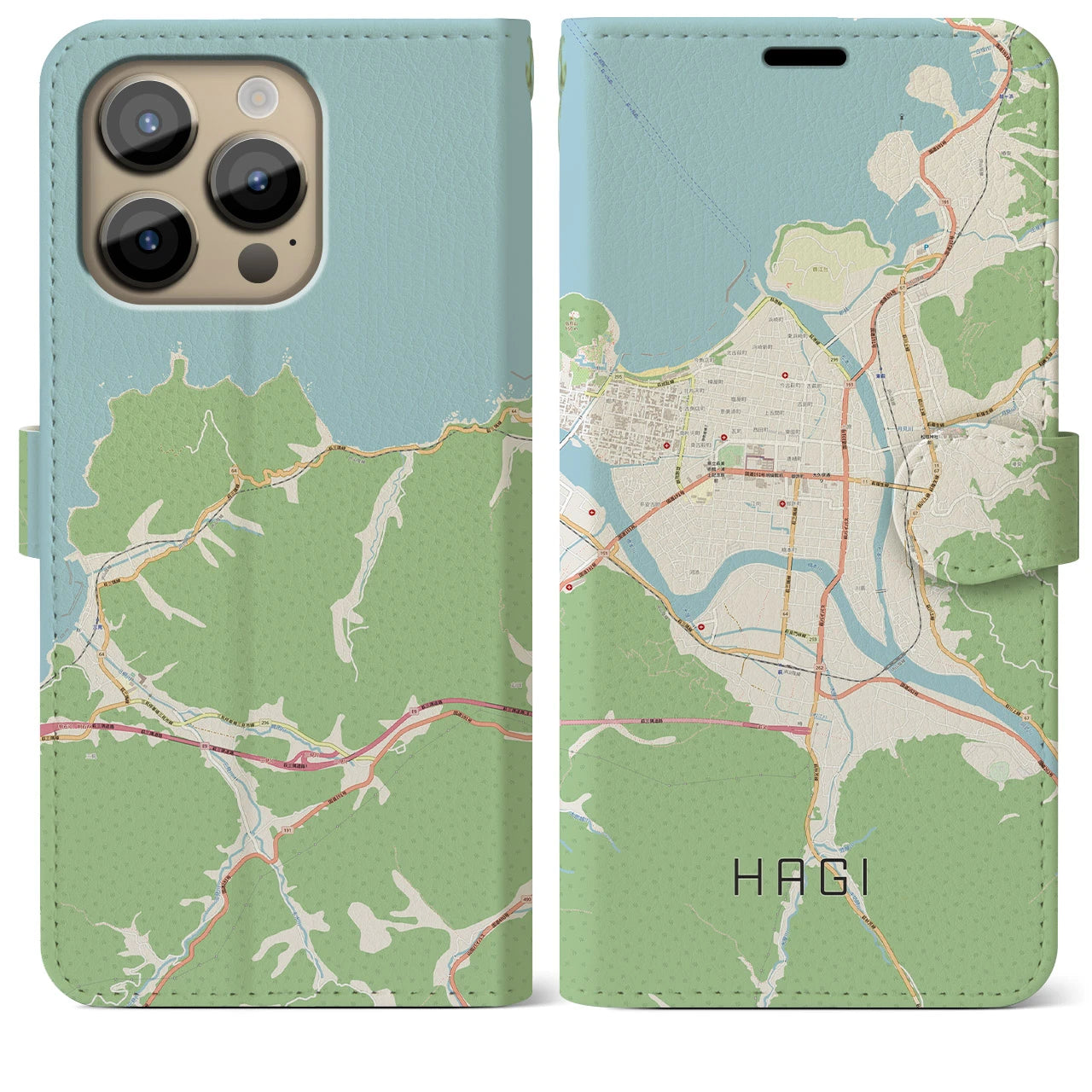 【萩2（山口県）】地図柄iPhoneケース（手帳タイプ）ナチュラル・iPhone 14 Pro Max 用