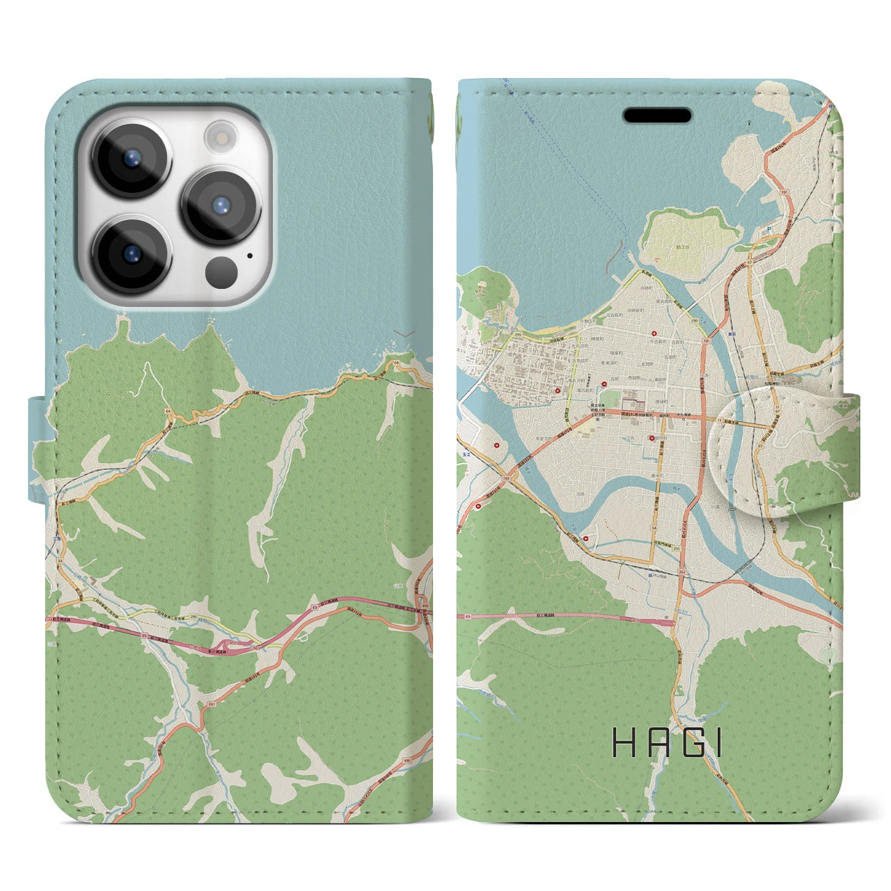 【萩2（山口県）】地図柄iPhoneケース（手帳タイプ）ナチュラル・iPhone 14 Pro 用