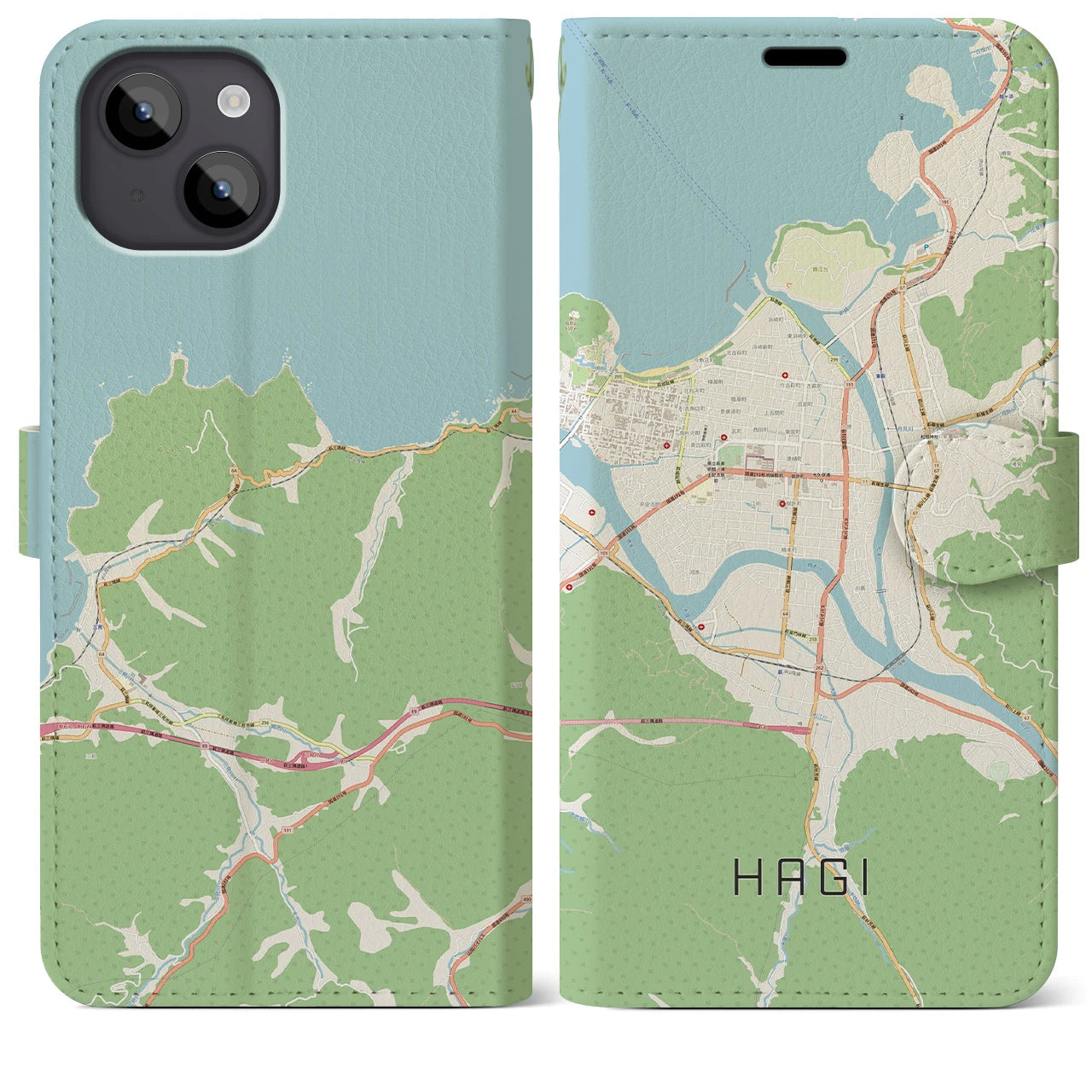 【萩2（山口県）】地図柄iPhoneケース（手帳タイプ）ナチュラル・iPhone 14 Plus 用