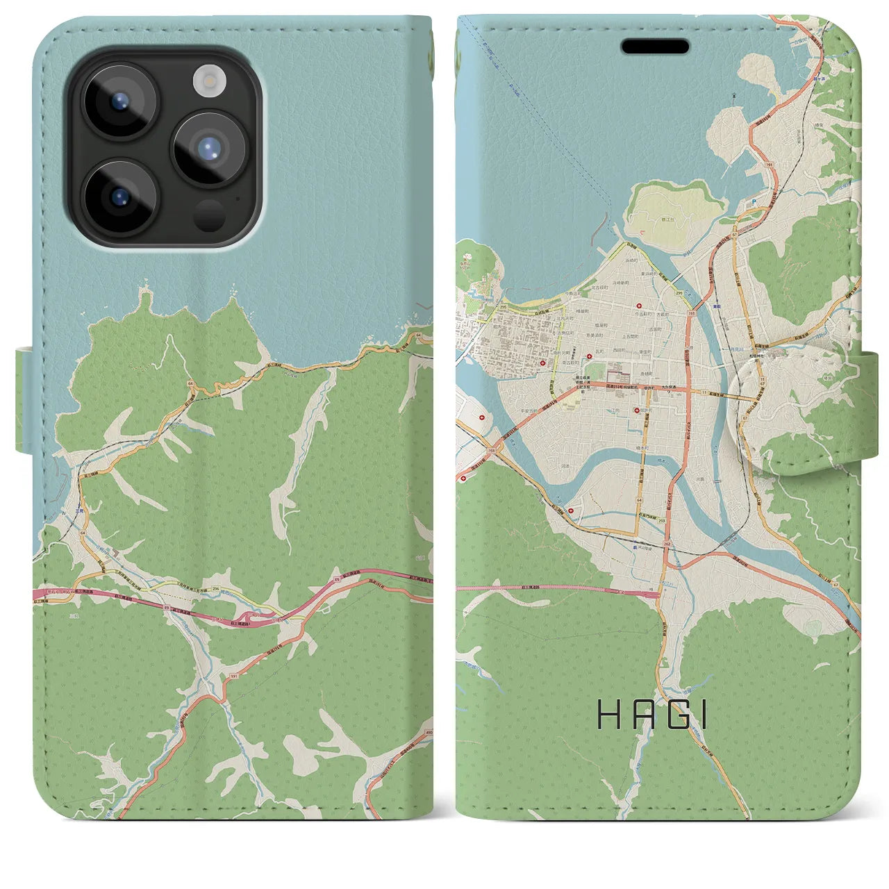 【萩2（山口県）】地図柄iPhoneケース（手帳タイプ）ナチュラル・iPhone 15 Pro Max 用