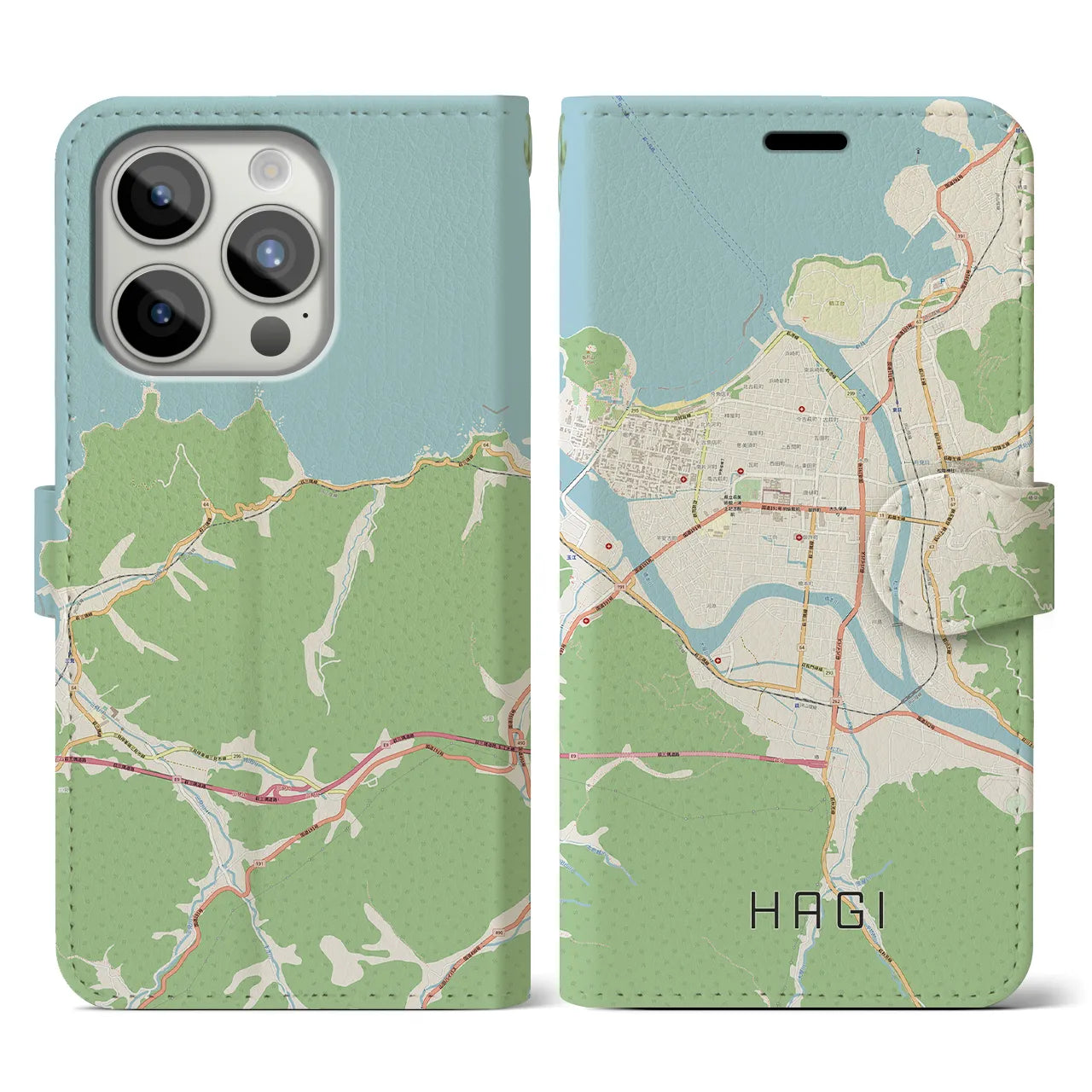 【萩2（山口県）】地図柄iPhoneケース（手帳タイプ）ナチュラル・iPhone 15 Pro 用