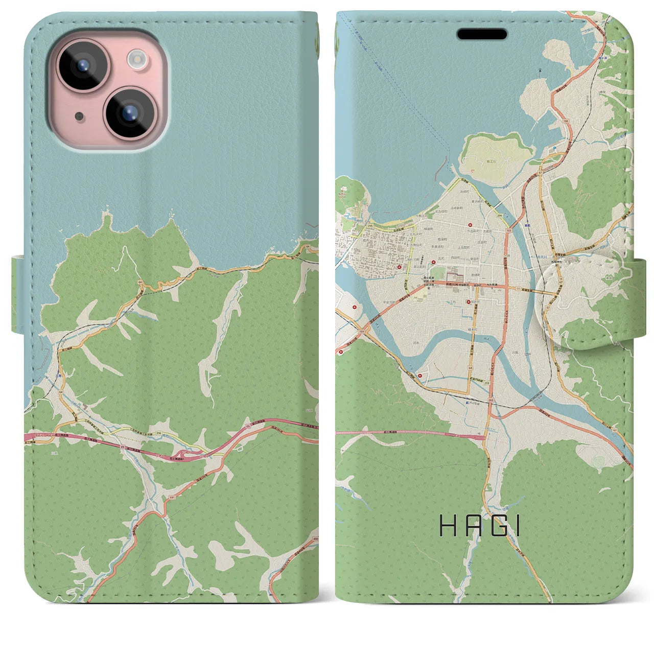 【萩2（山口県）】地図柄iPhoneケース（手帳タイプ）ナチュラル・iPhone 15 Plus 用