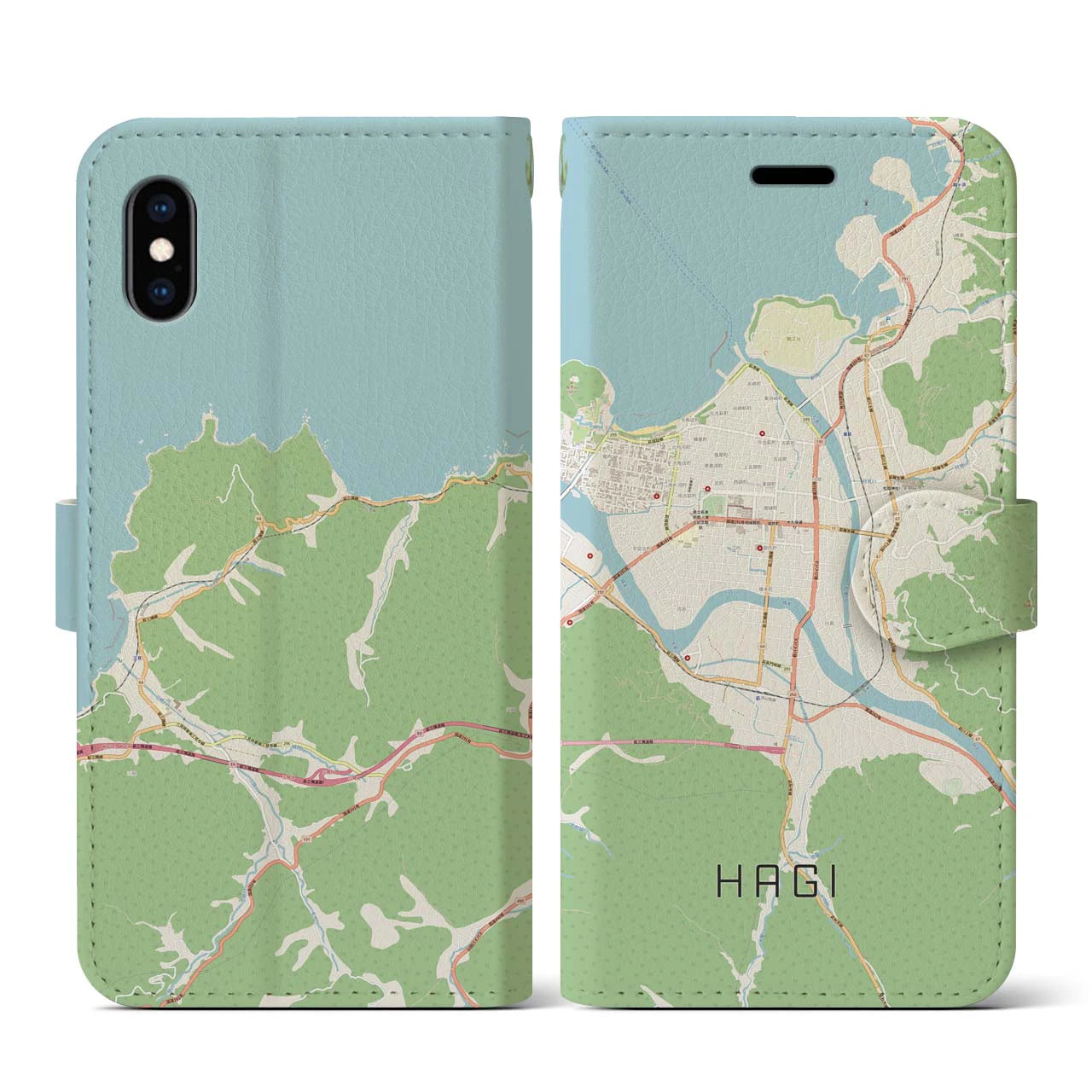 【萩2（山口県）】地図柄iPhoneケース（手帳タイプ）ナチュラル・iPhone XS / X 用