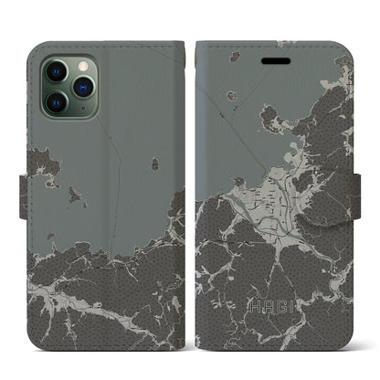 【萩（山口県）】地図柄iPhoneケース（手帳タイプ）モノトーン・iPhone 11 Pro 用