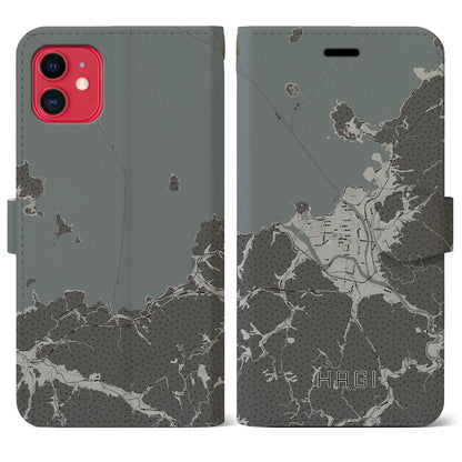 【萩（山口県）】地図柄iPhoneケース（手帳タイプ）モノトーン・iPhone 11 用