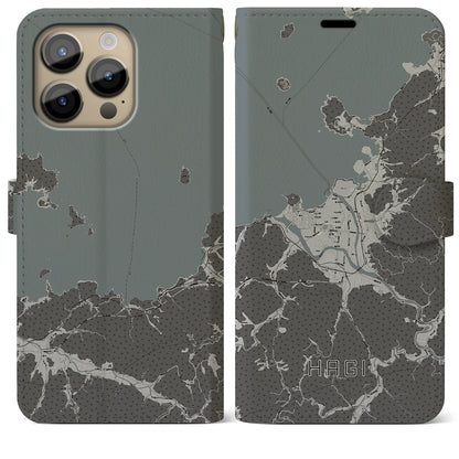 【萩（山口県）】地図柄iPhoneケース（手帳タイプ）モノトーン・iPhone 14 Pro Max 用