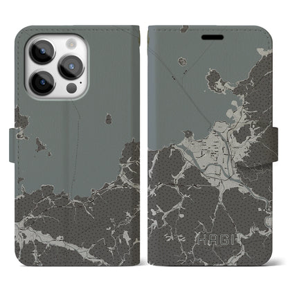 【萩（山口県）】地図柄iPhoneケース（手帳タイプ）モノトーン・iPhone 14 Pro 用