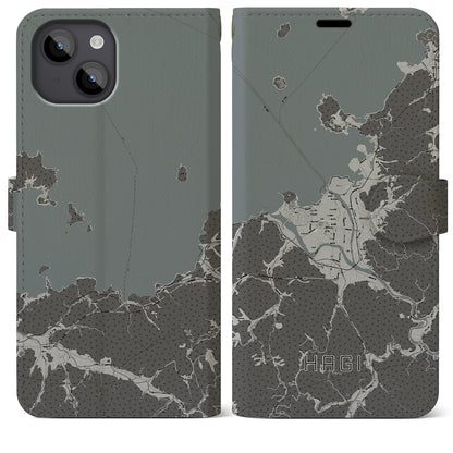 【萩（山口県）】地図柄iPhoneケース（手帳タイプ）モノトーン・iPhone 14 Plus 用