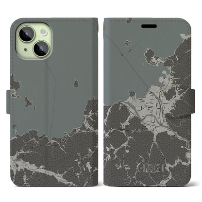 【萩（山口県）】地図柄iPhoneケース（手帳タイプ）モノトーン・iPhone 15 用