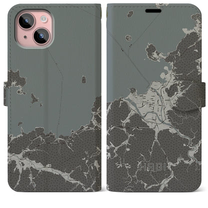 【萩（山口県）】地図柄iPhoneケース（手帳タイプ）モノトーン・iPhone 15 Plus 用