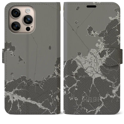 【萩（山口県）】地図柄iPhoneケース（手帳タイプ）モノトーン・iPhone 16 Plus 用