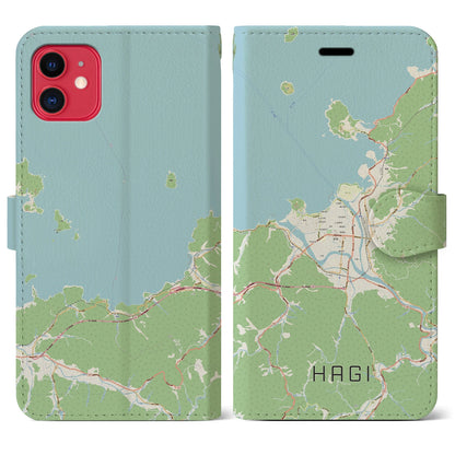 【萩（山口県）】地図柄iPhoneケース（手帳タイプ）ナチュラル・iPhone 11 用