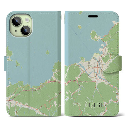 【萩（山口県）】地図柄iPhoneケース（手帳タイプ）ナチュラル・iPhone 15 用