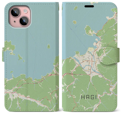 【萩（山口県）】地図柄iPhoneケース（手帳タイプ）ナチュラル・iPhone 15 Plus 用