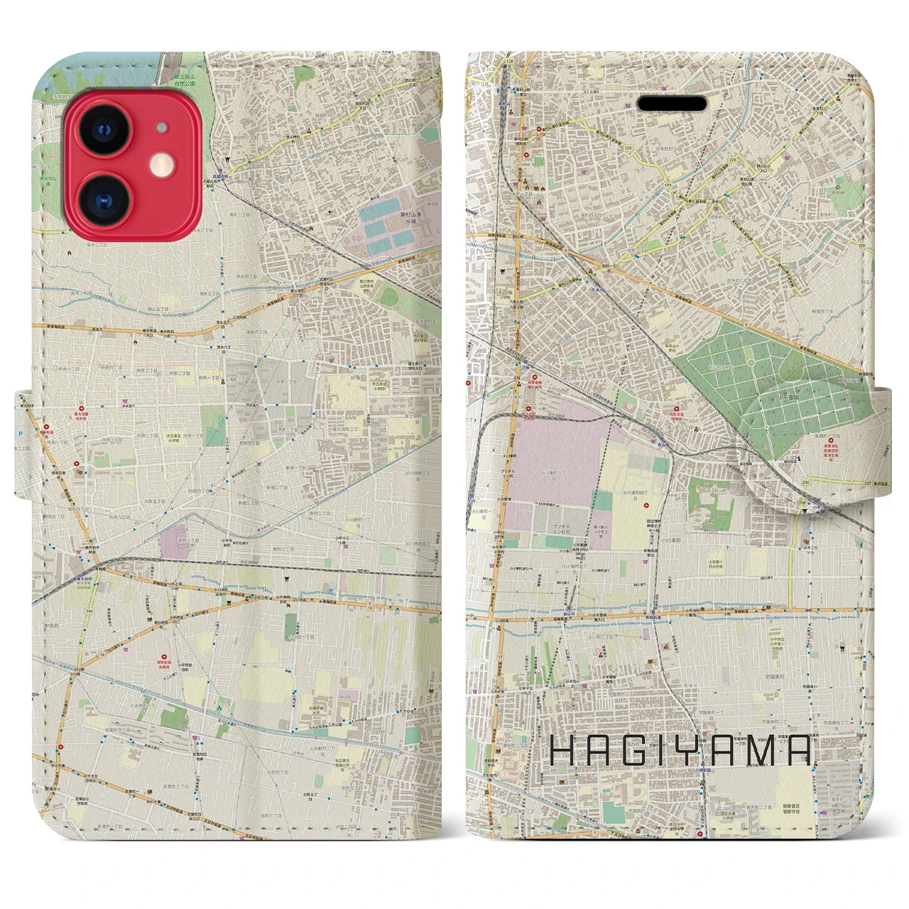 【萩山（東京都）】地図柄iPhoneケース（手帳タイプ）ナチュラル・iPhone 11 用