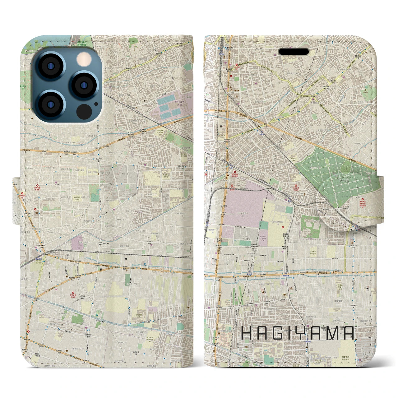 【萩山（東京都）】地図柄iPhoneケース（手帳タイプ）ナチュラル・iPhone 12 / 12 Pro 用