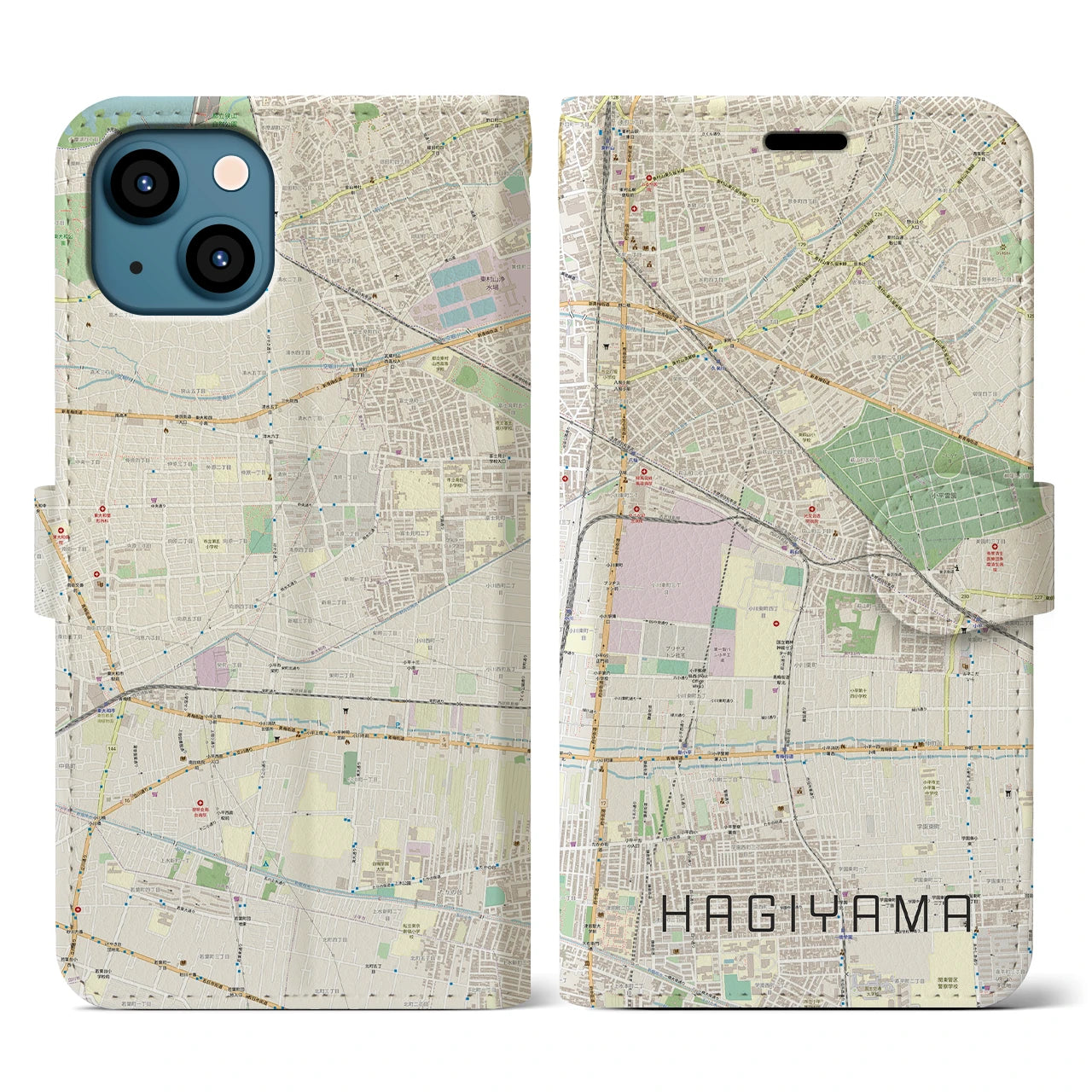 【萩山（東京都）】地図柄iPhoneケース（手帳タイプ）ナチュラル・iPhone 13 用