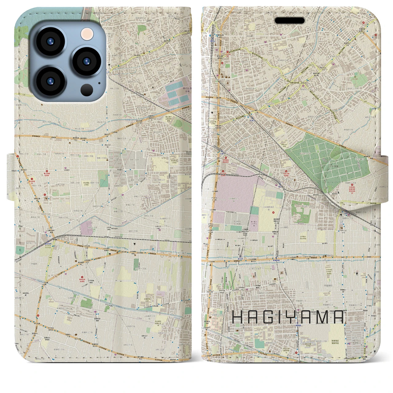 【萩山（東京都）】地図柄iPhoneケース（手帳タイプ）ナチュラル・iPhone 13 Pro Max 用