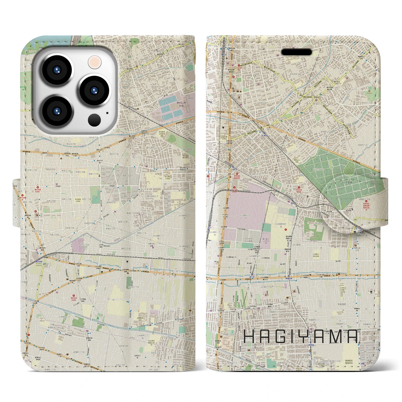 【萩山（東京都）】地図柄iPhoneケース（手帳タイプ）ナチュラル・iPhone 13 Pro 用