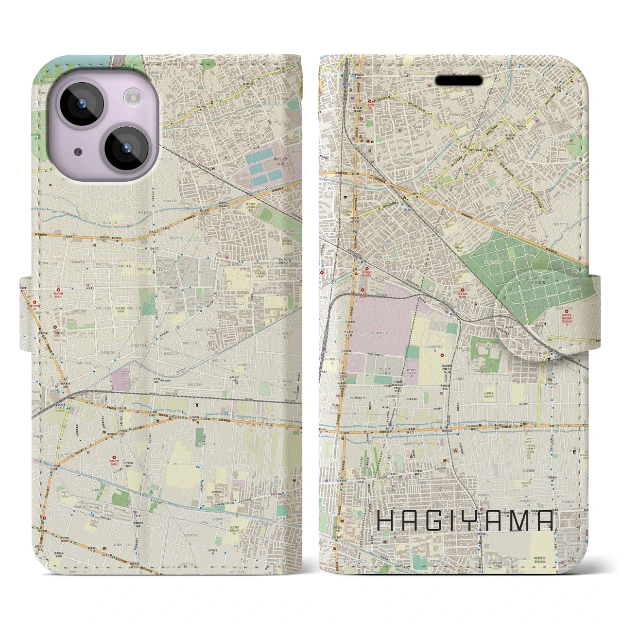 【萩山（東京都）】地図柄iPhoneケース（手帳タイプ）ナチュラル・iPhone 14 用