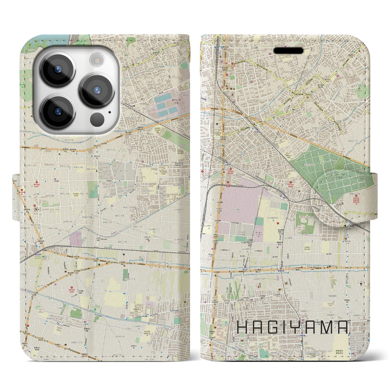 【萩山（東京都）】地図柄iPhoneケース（手帳タイプ）ナチュラル・iPhone 14 Pro 用