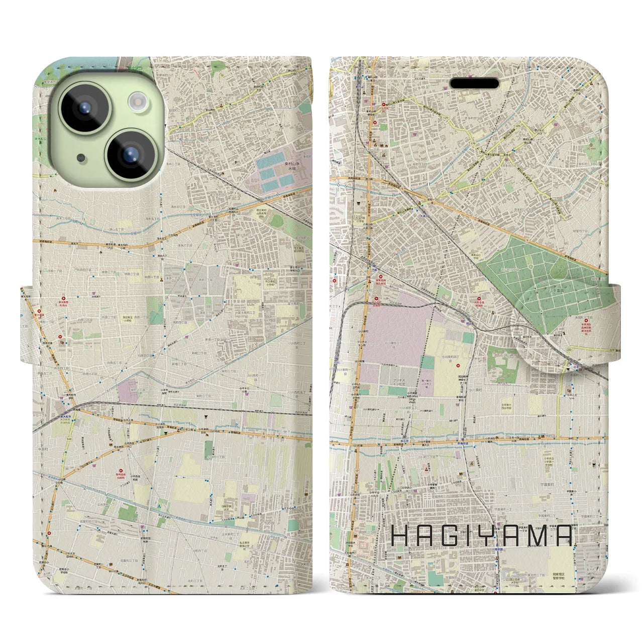 【萩山（東京都）】地図柄iPhoneケース（手帳タイプ）ナチュラル・iPhone 15 用