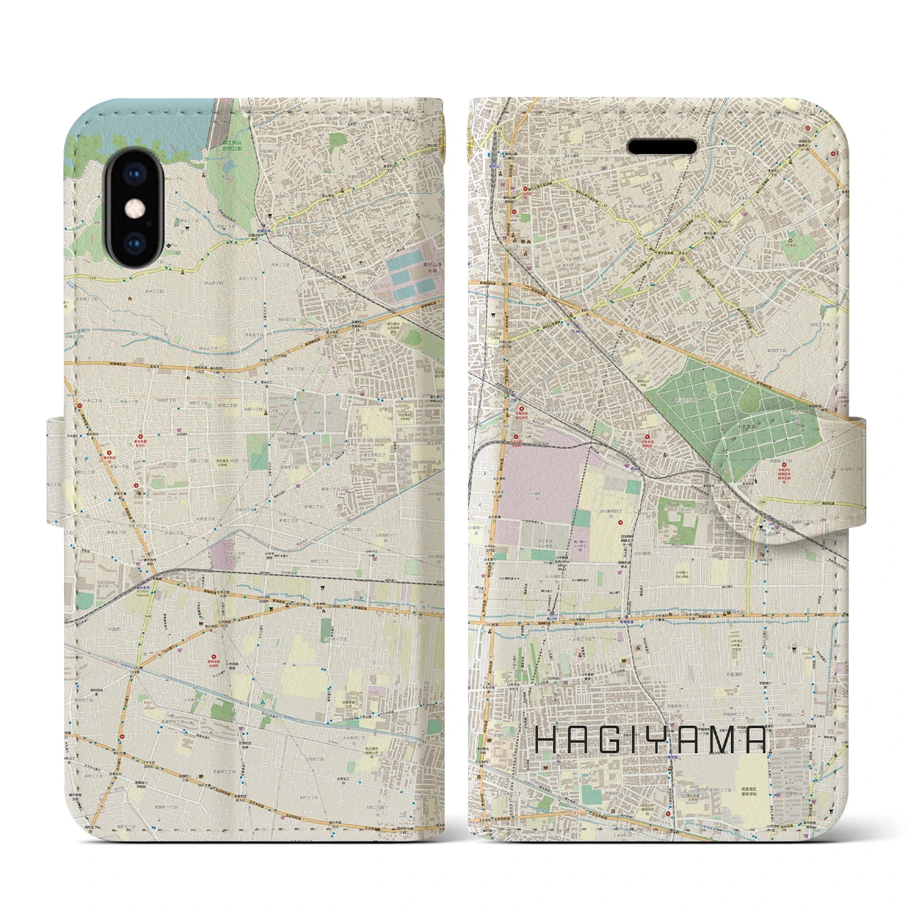 【萩山（東京都）】地図柄iPhoneケース（手帳タイプ）ナチュラル・iPhone XS / X 用