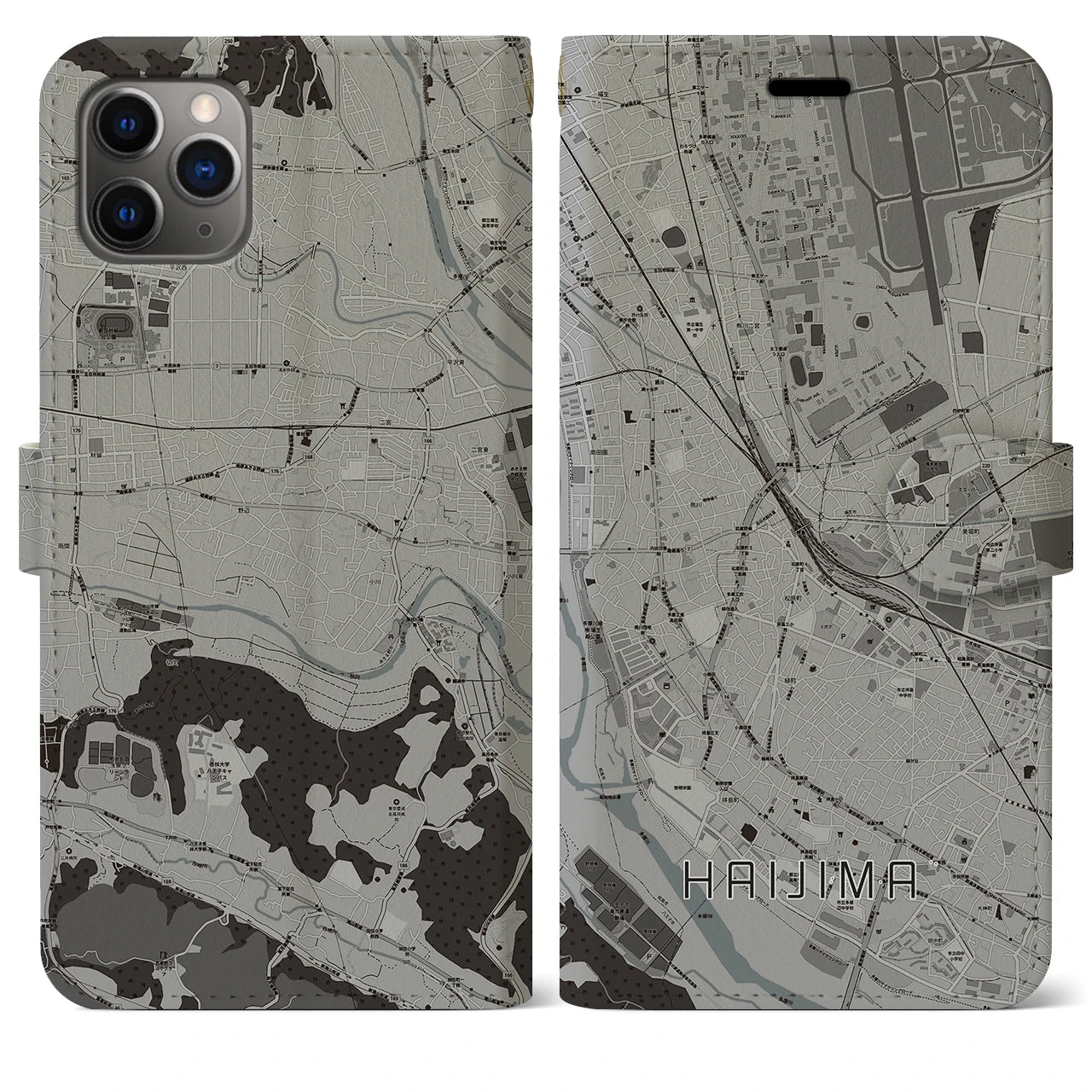 【拝島】地図柄iPhoneケース（手帳両面タイプ・モノトーン）iPhone 11 Pro Max 用
