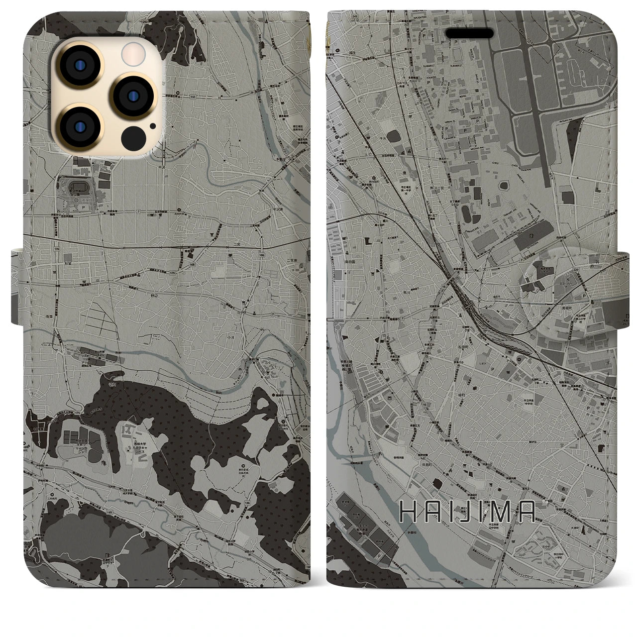 【拝島】地図柄iPhoneケース（手帳両面タイプ・モノトーン）iPhone 12 Pro Max 用