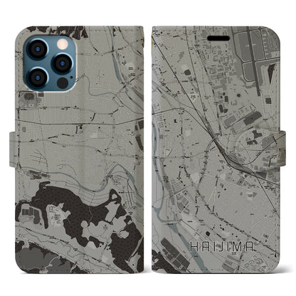 【拝島（東京都）】地図柄iPhoneケース（手帳タイプ）モノトーン・iPhone 12 / 12 Pro 用