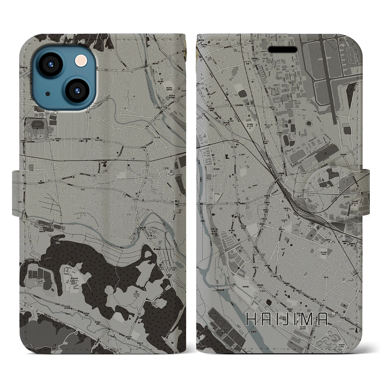 【拝島】地図柄iPhoneケース（手帳両面タイプ・モノトーン）iPhone 13 用