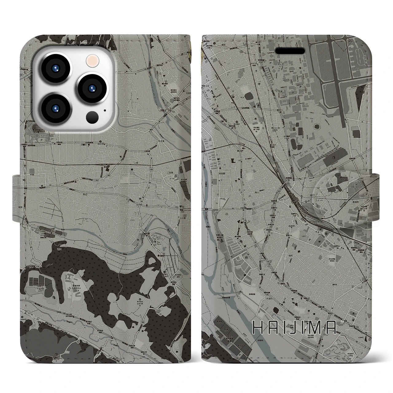 【拝島】地図柄iPhoneケース（手帳両面タイプ・モノトーン）iPhone 13 Pro 用