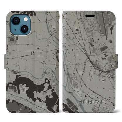【拝島（東京都）】地図柄iPhoneケース（手帳タイプ）モノトーン・iPhone 13 用