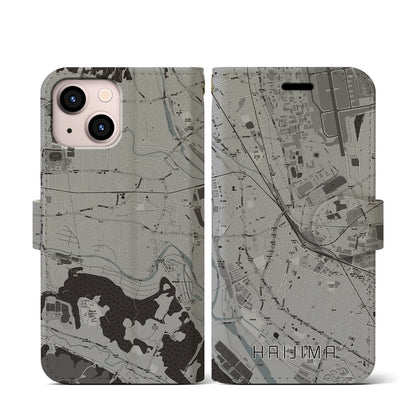 【拝島（東京都）】地図柄iPhoneケース（手帳タイプ）モノトーン・iPhone 13 mini 用