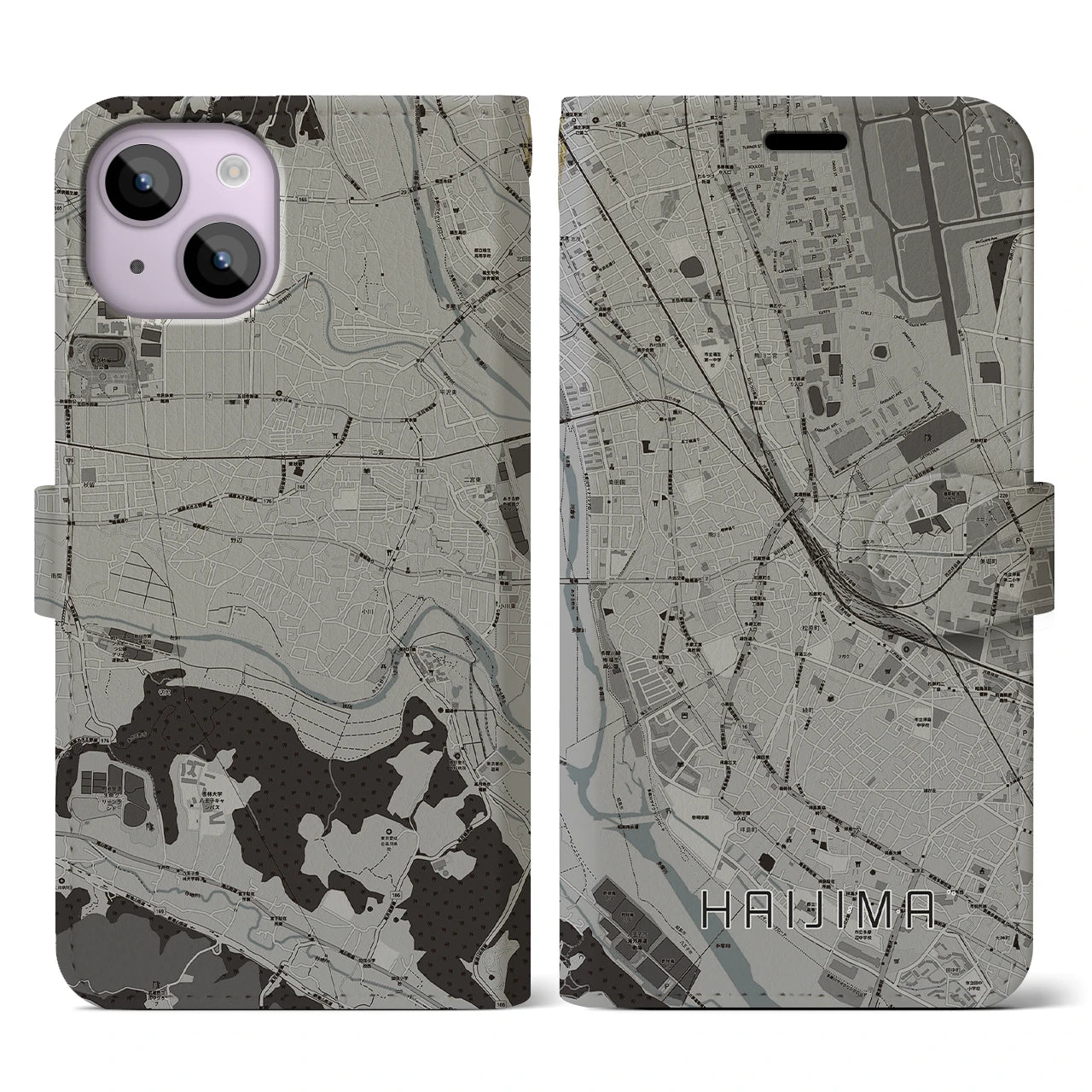 【拝島】地図柄iPhoneケース（手帳両面タイプ・モノトーン）iPhone 14 用