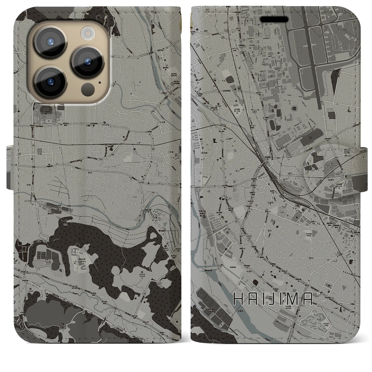 【拝島】地図柄iPhoneケース（手帳両面タイプ・モノトーン）iPhone 14 Pro Max 用