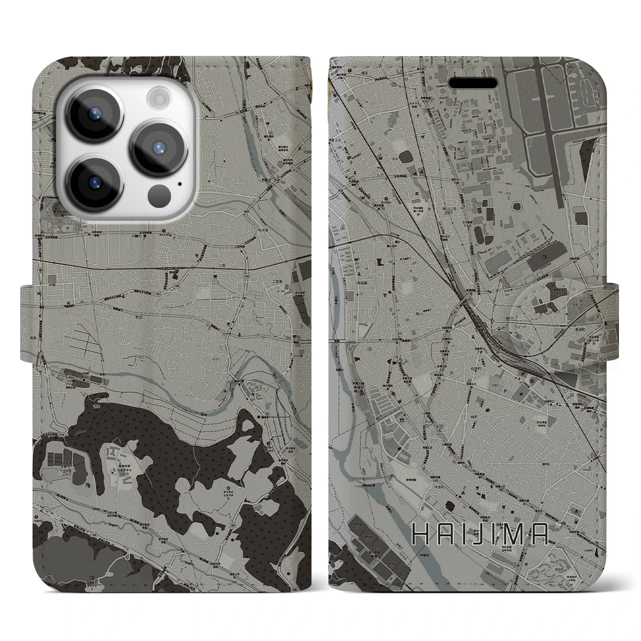 【拝島】地図柄iPhoneケース（手帳両面タイプ・モノトーン）iPhone 14 Pro 用