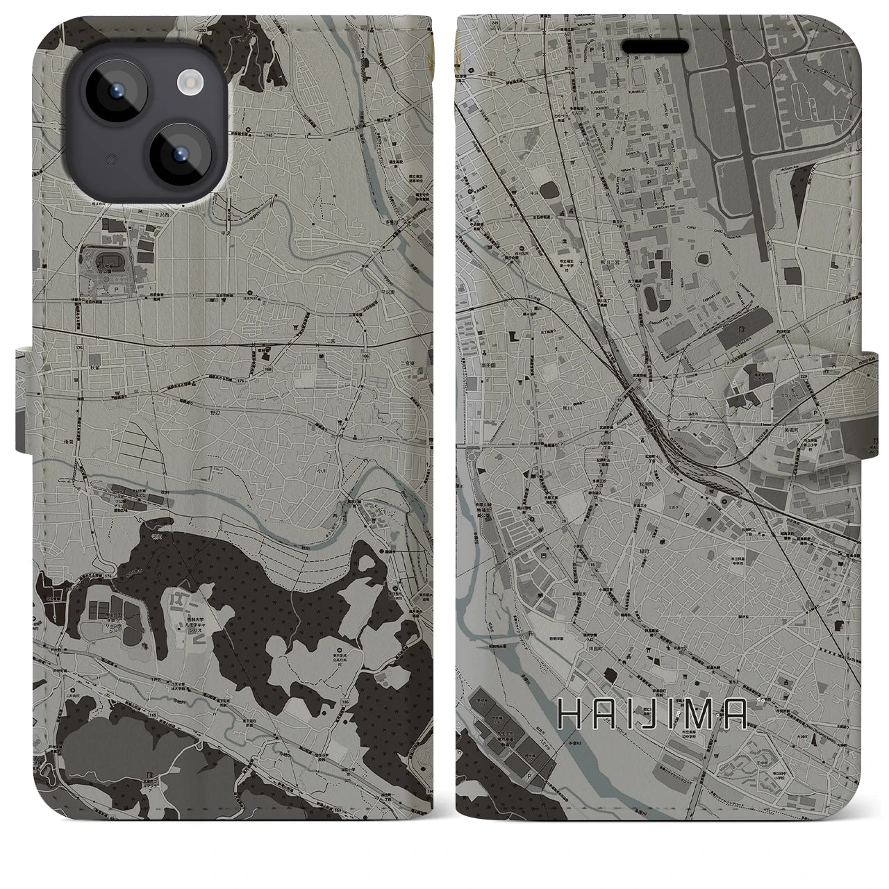 【拝島】地図柄iPhoneケース（手帳両面タイプ・モノトーン）iPhone 14 Plus 用