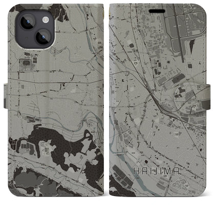 【拝島（東京都）】地図柄iPhoneケース（手帳タイプ）モノトーン・iPhone 14 Plus 用